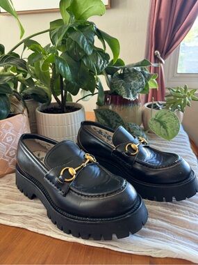 Gucci Black Leather Horsebit Platform Lug Sole Loafers